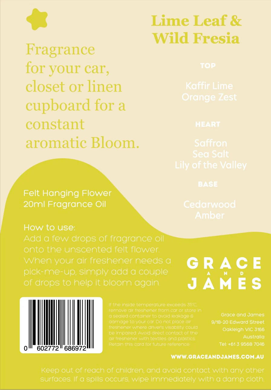 Back label of a fragrance product for car, closet, or linen cupboard with 'Grace & James' branding.