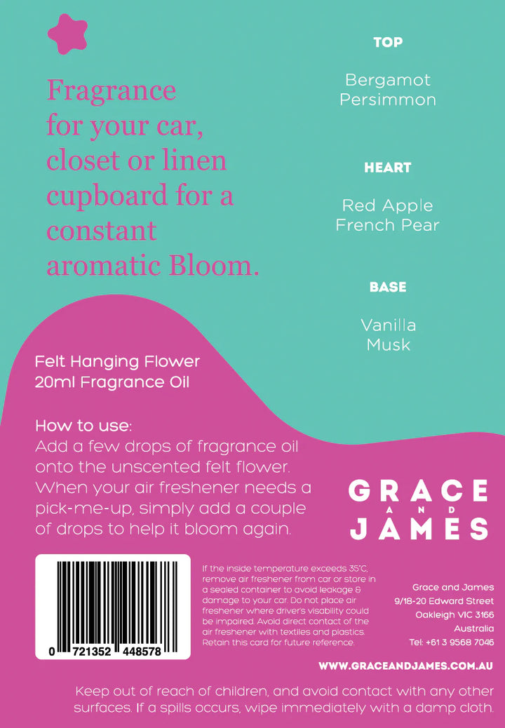 Back label of a fragrance product for car, closet, or linen cupboard with branding and product details.