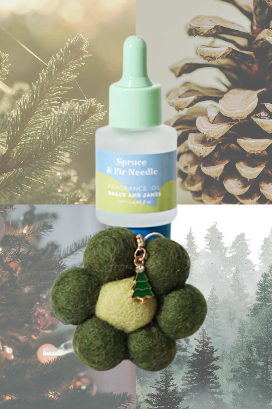Bottle of Spruce & Fir Needle product with a green felt flower shaped air freshener on a nature-themed background.