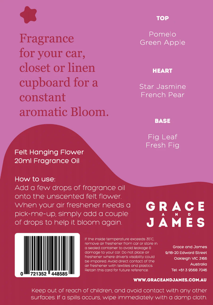 Back of a product packaging for fragrance oil with brand name 'Grace and James'.