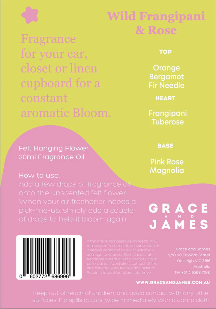 Product label for 'Wild Frangipani & Rose' fragrance by Grace and James with ingredient list and usage instructions.