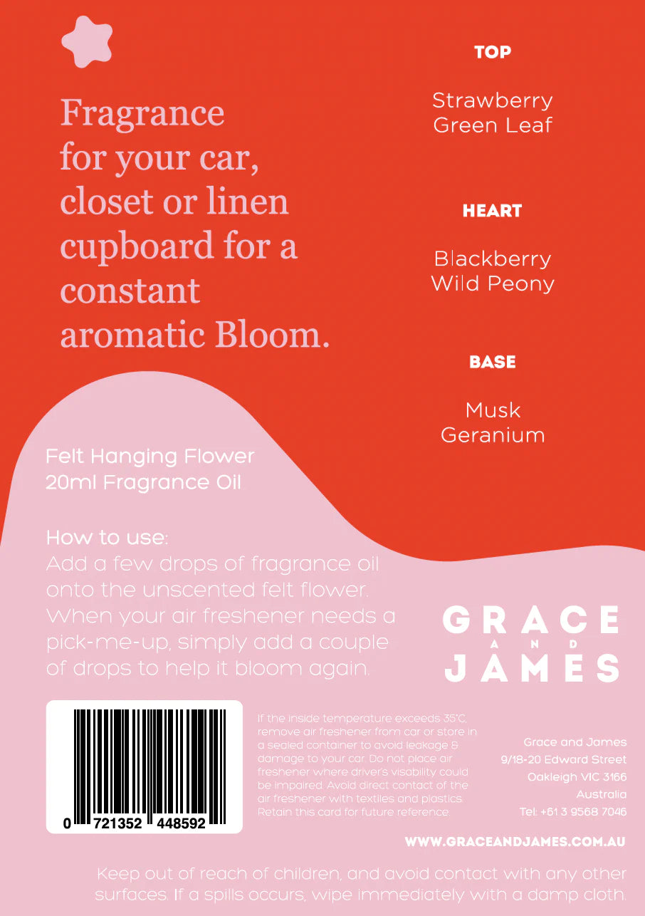 Back of a product packaging with fragrance description and brand name 'Grace & James'.
