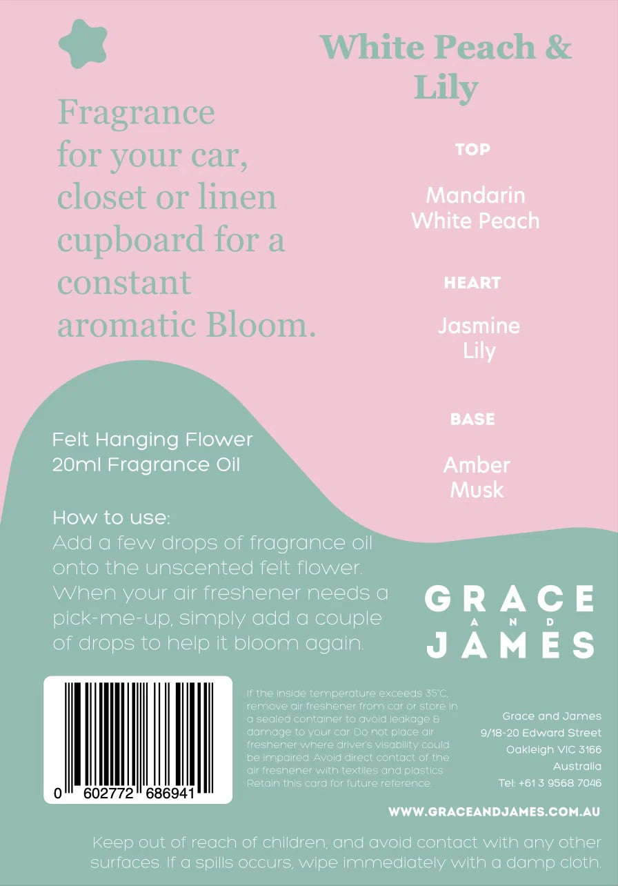Back label of a fragrance product for car, closet, or linen cupboard with ingredients and usage instructions.