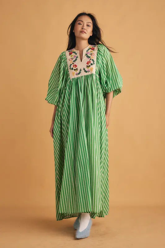 Embroidery Bib Maxi Dress - Green Stripe