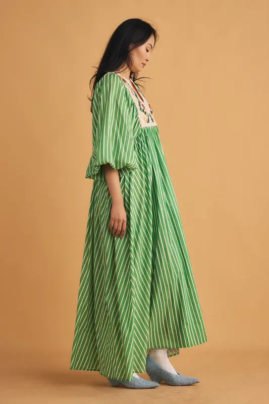 Embroidery Bib Maxi Dress - Green Stripe