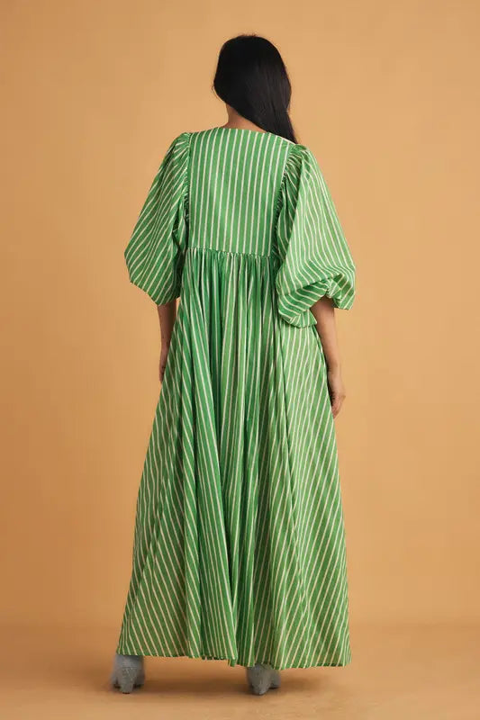 Embroidery Bib Maxi Dress - Green Stripe
