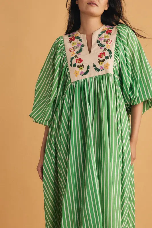 Embroidery Bib Maxi Dress - Green Stripe