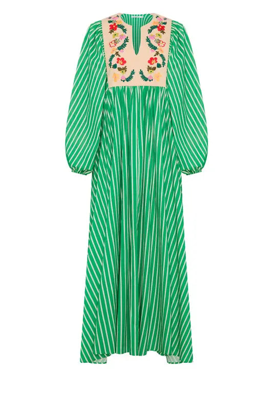 Embroidery Bib Maxi Dress - Green Stripe