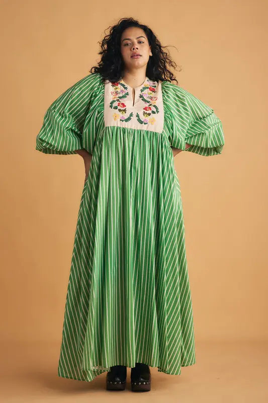 Embroidery Bib Maxi Dress - Green Stripe Seasons Emporium Embroidery Bib Maxi Dress - Green Stripe Seasons Emporium