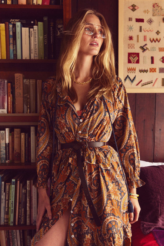 Paisley Ruffle Neck Maxi Dress - Navy