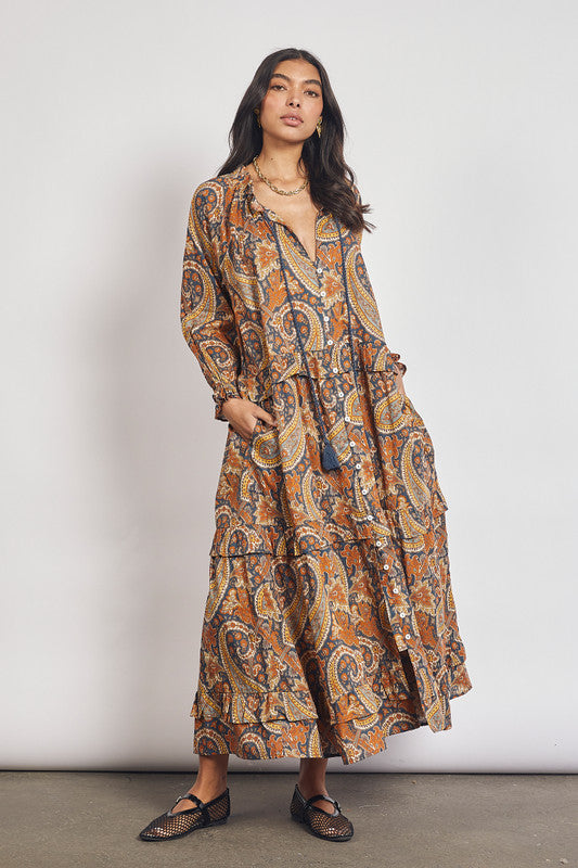Paisley Ruffle Neck Maxi Dress - Navy