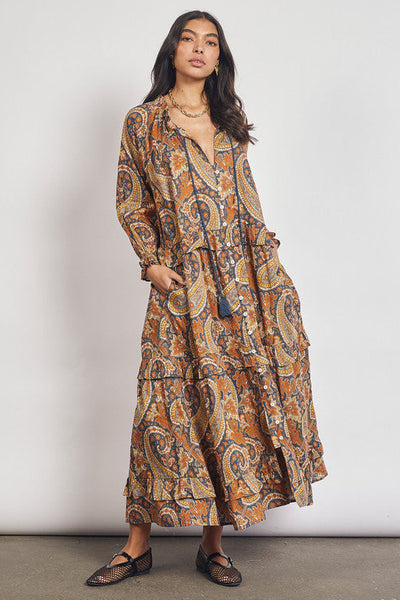 Paisley Ruffle Neck Maxi Dress
