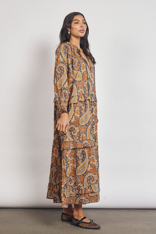 Paisley Ruffle Neck Maxi Dress - Navy