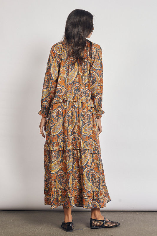 Paisley Ruffle Neck Maxi Dress - Navy