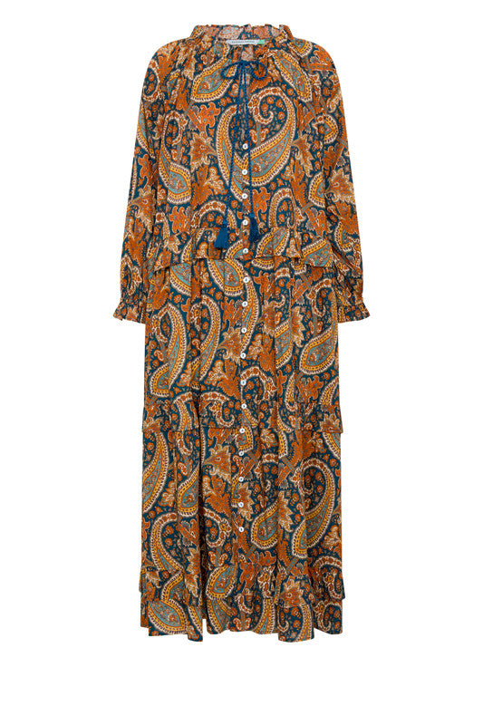 Paisley Ruffle Neck Maxi Dress - Navy