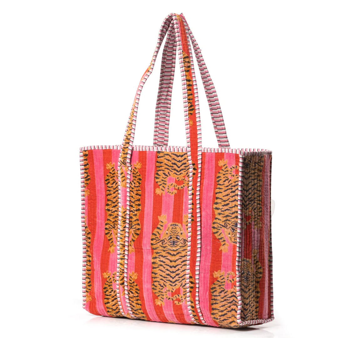Tibetan Tiger Velvet Tote - Pink Orange