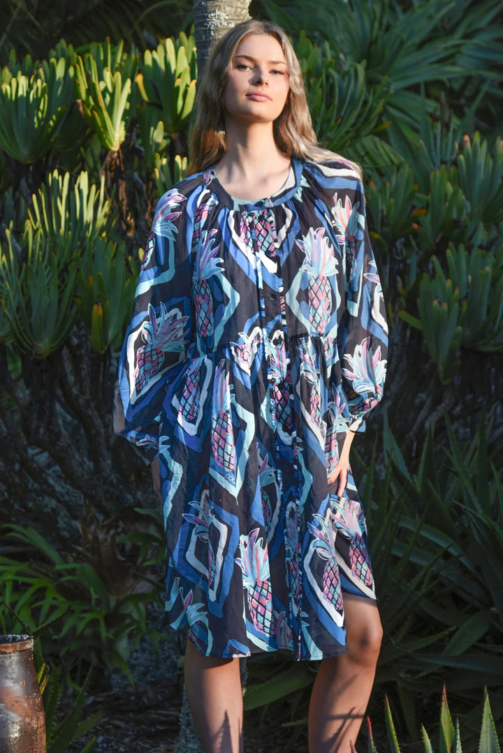 Buttoned Up Bliss Dress - Blue Aloha