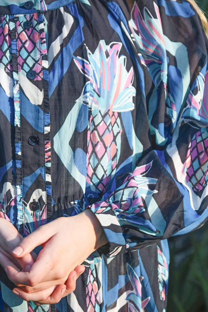 Buttoned Up Bliss Dress - Blue Aloha
