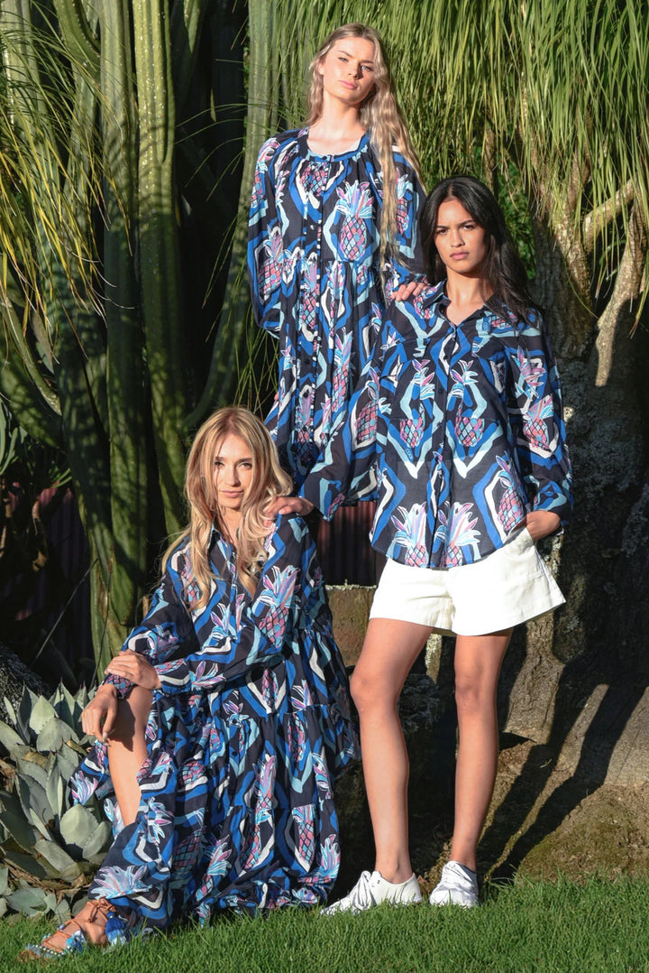 Buttoned Up Bliss Dress - Blue Aloha