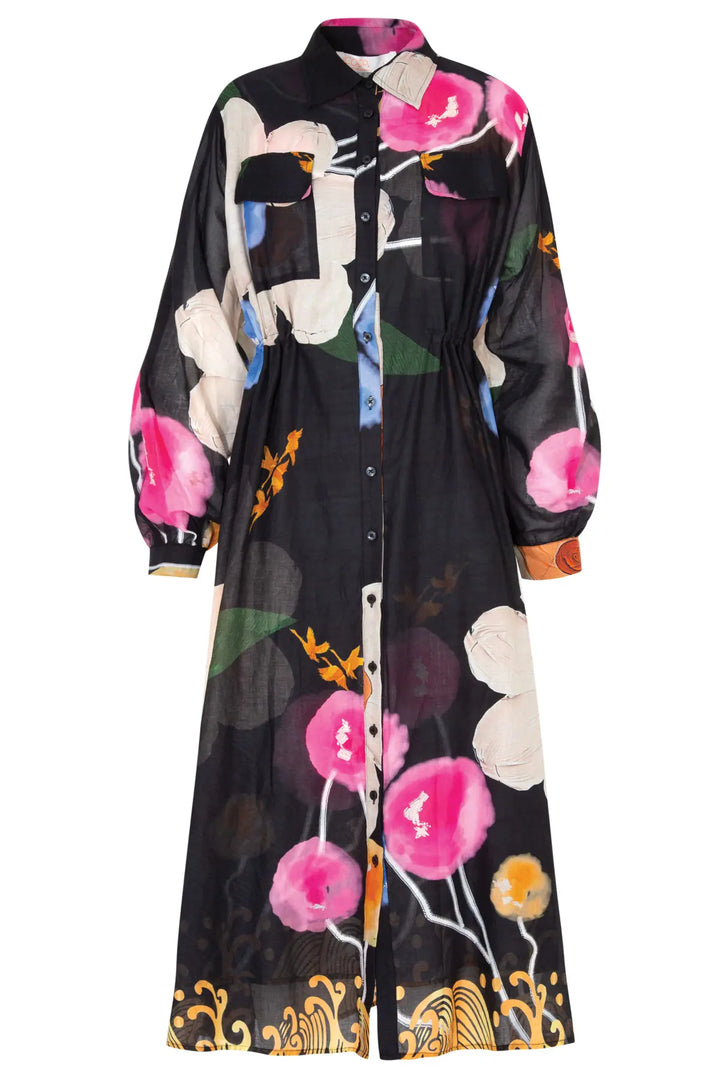 A long-sleeved black midi shirt dress featuring a vibrant, painterly floral print in pink, white, and orange, with gold baroque-style detailing along the hem.