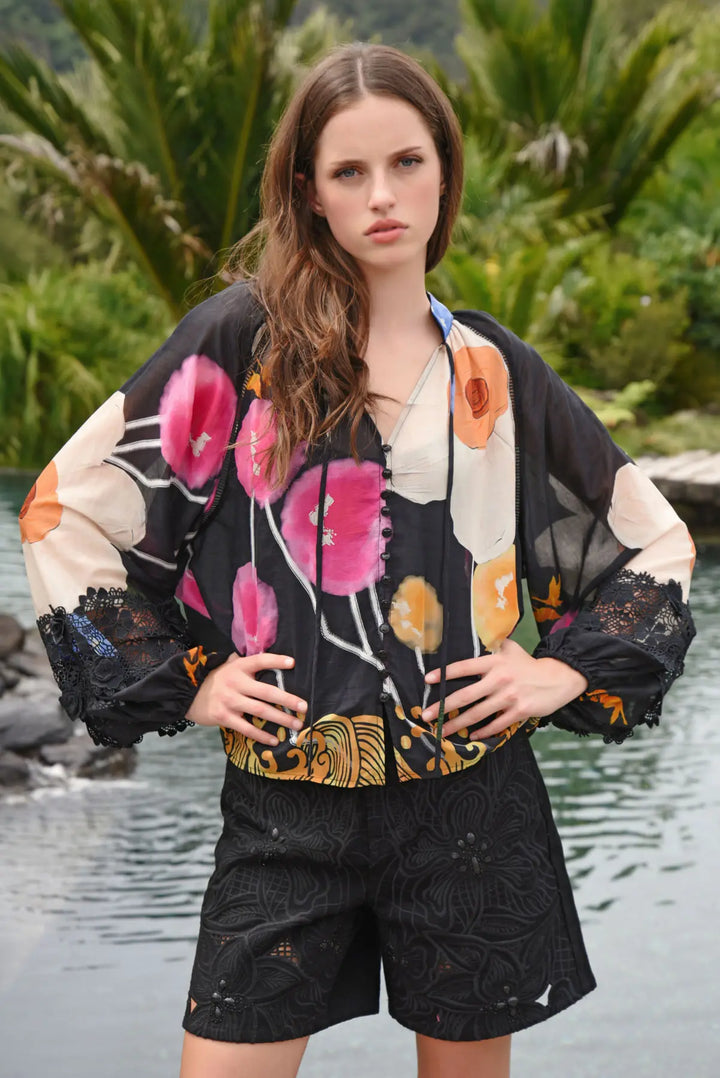Lace to the Top Blouse - Black Floral