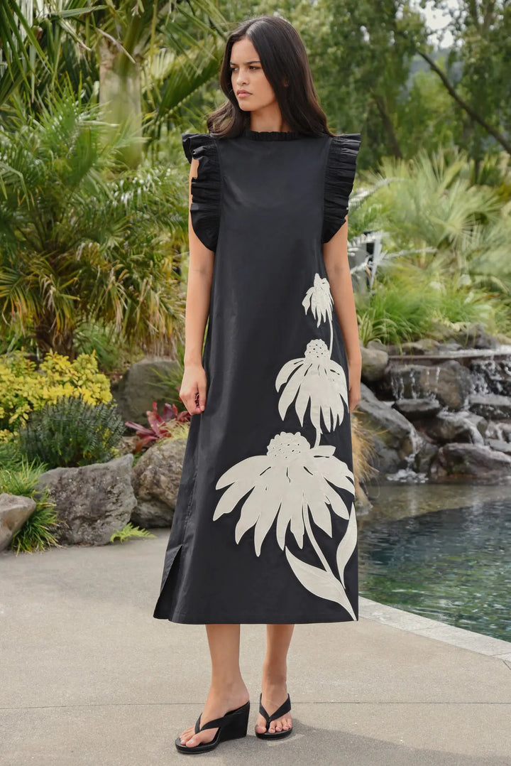Three-Meandous Blooms Dress - Black