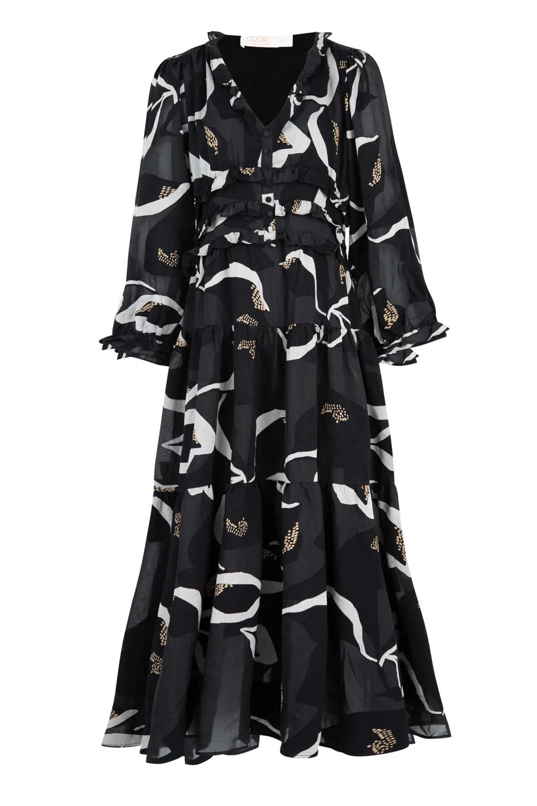 Black dress with white and gold floral pattern on a white background