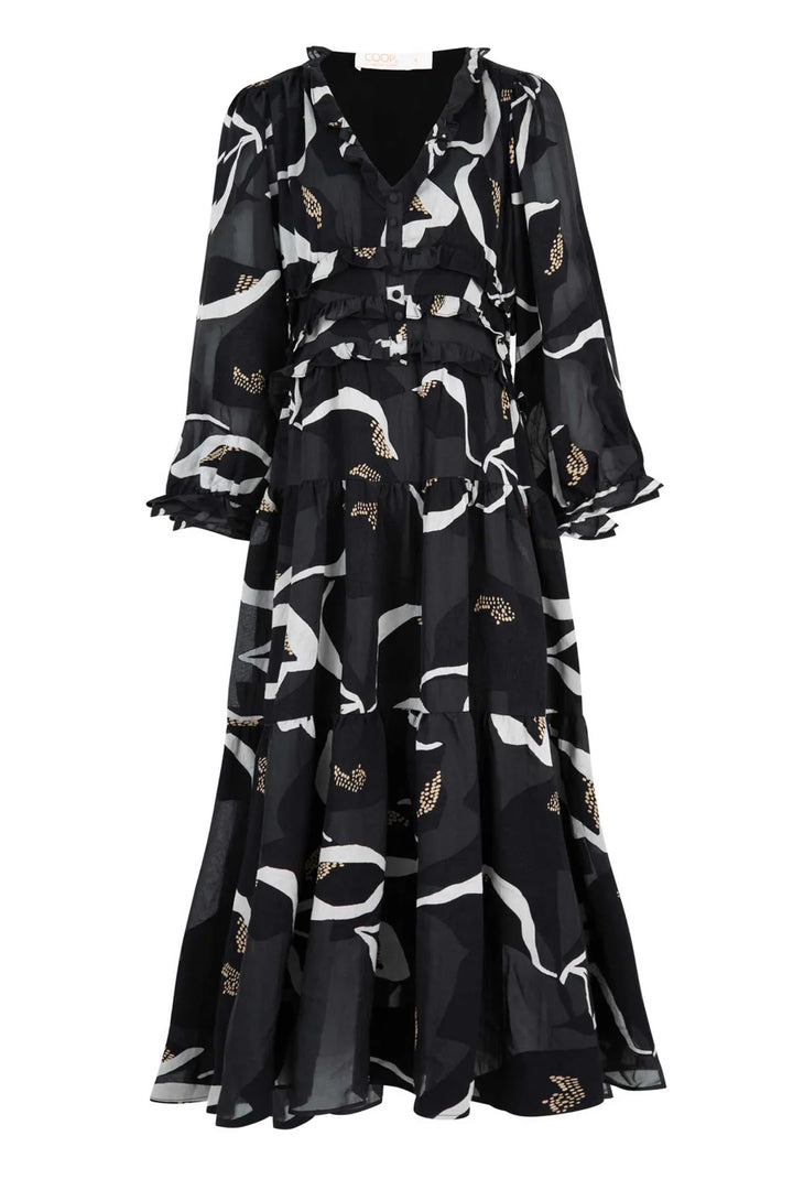 Black dress with white and gold floral pattern on a white background
