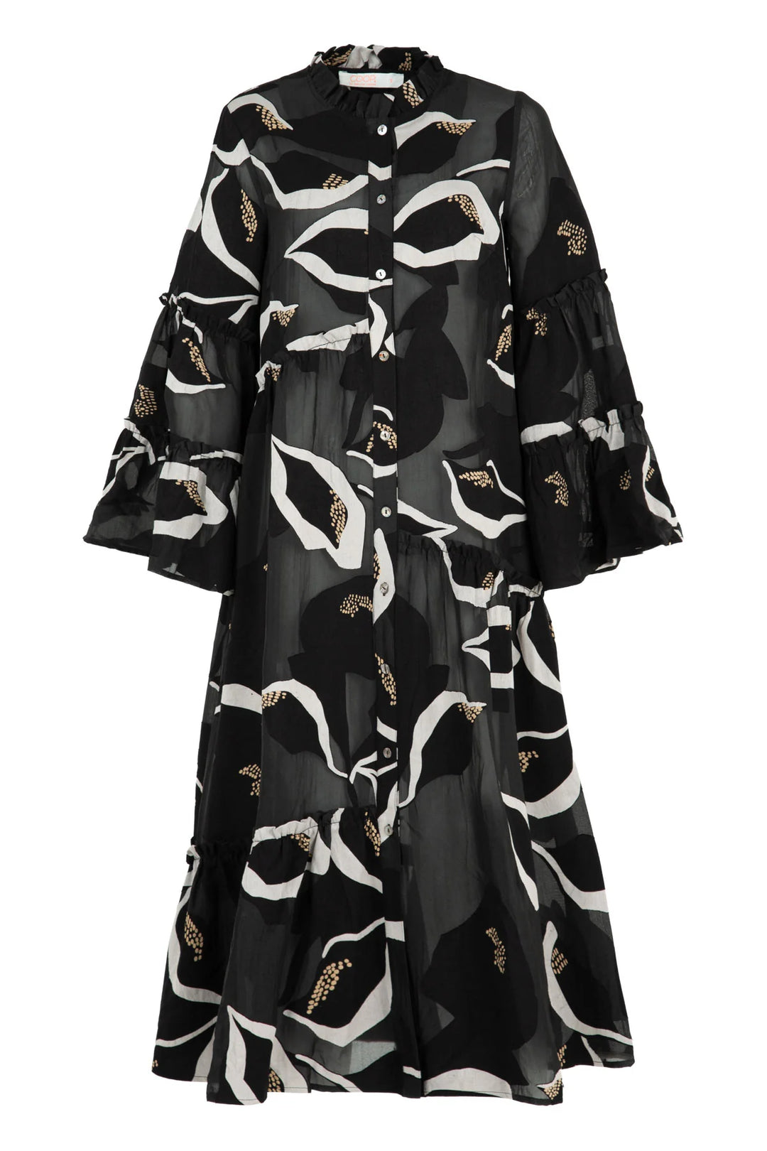 Black dress with white and gold bird pattern on a white background