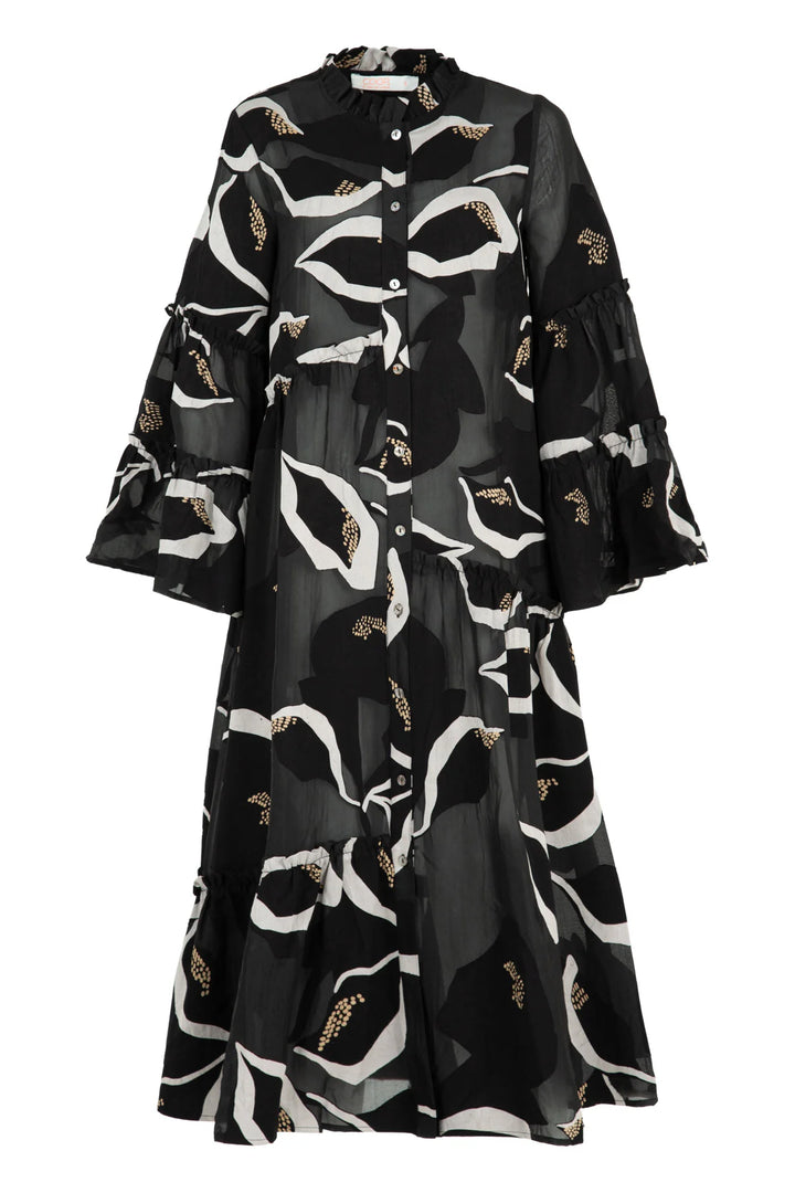 Black dress with white and gold bird pattern on a white background