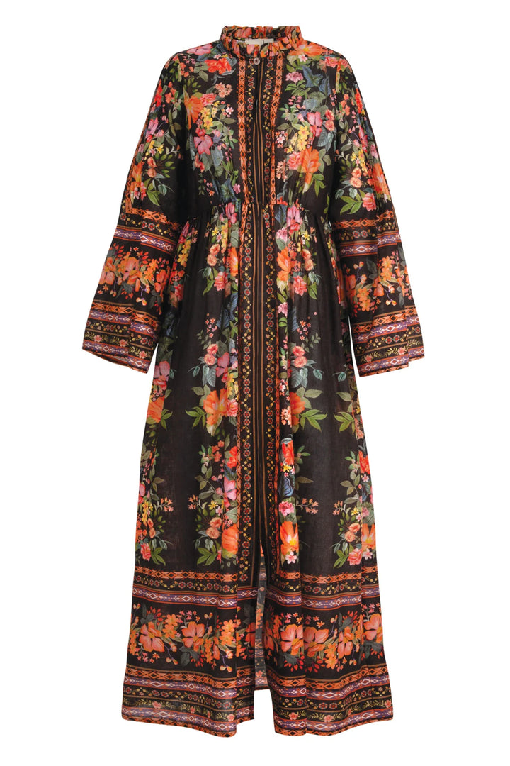 Floral patterned dress with long sleeves on a white background