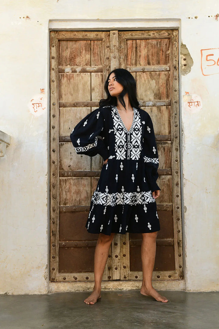 Folk Mini Dress - Black/White