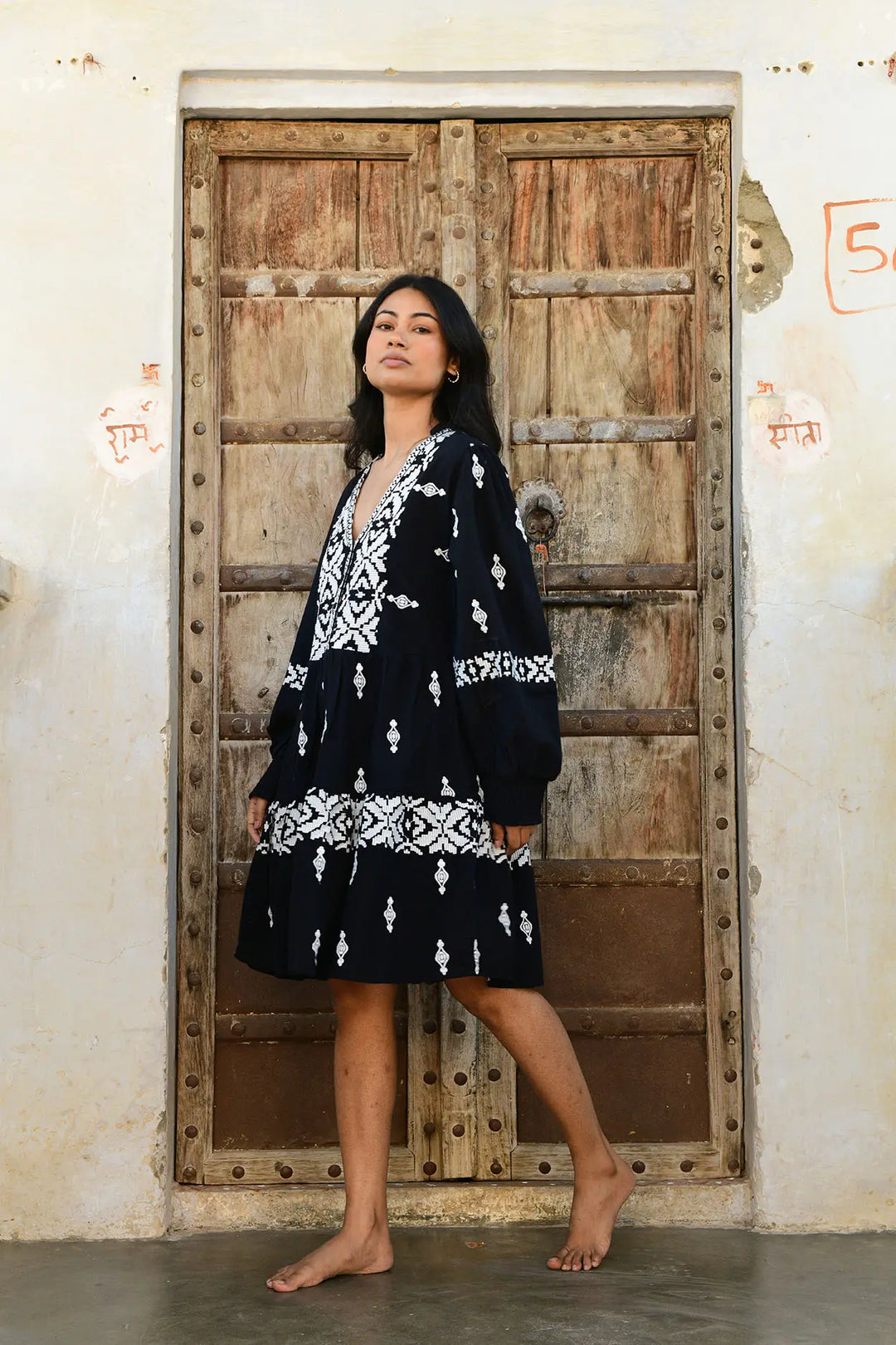 Folk Mini Dress - Black/White