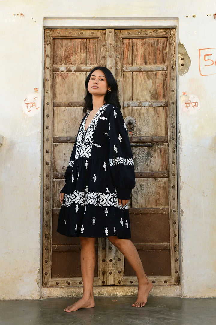 Folk Mini Dress - Black/White