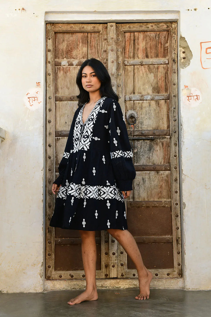 Folk Mini Dress - Black/White