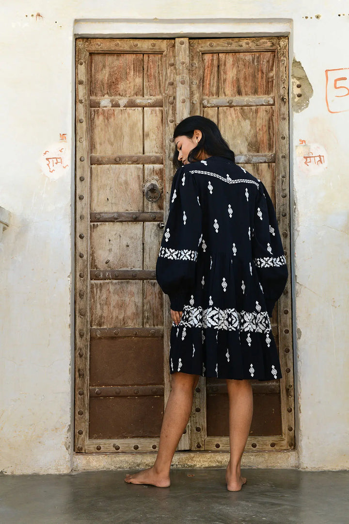 Folk Mini Dress - Black/White