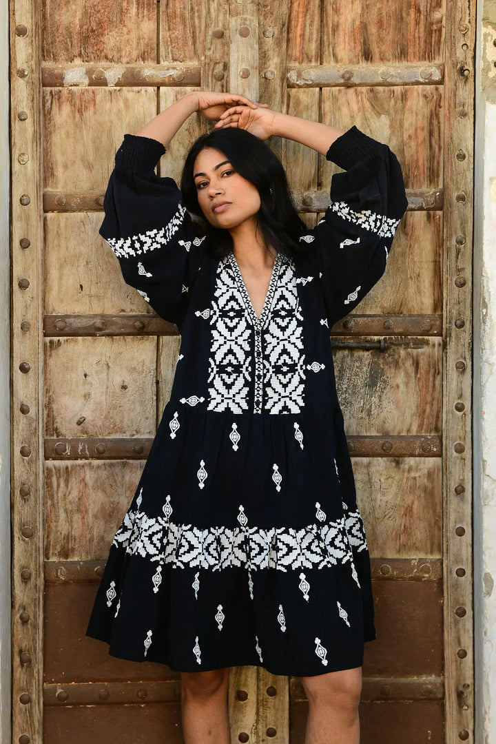 Folk Mini Dress - Black/White