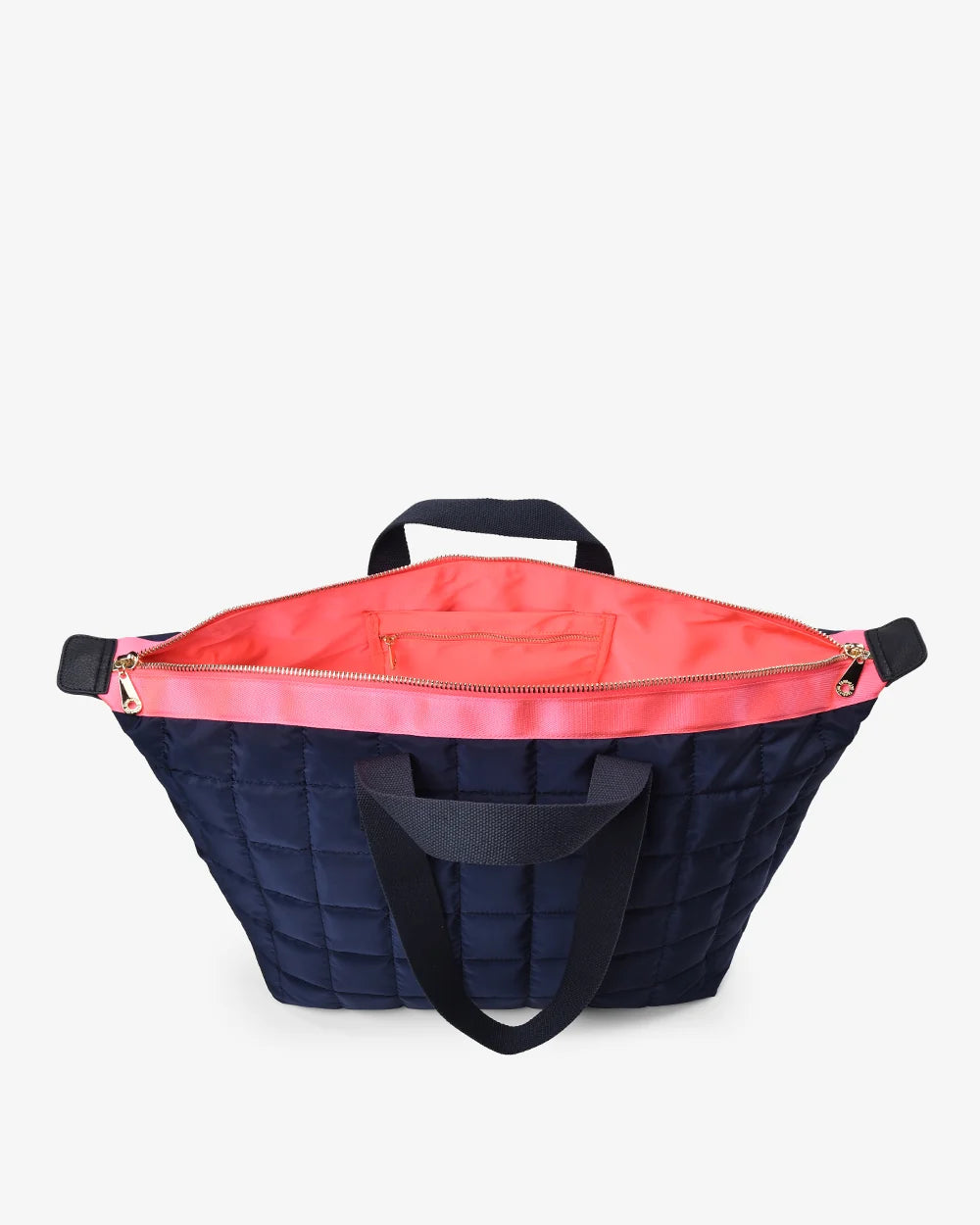 Navy blue and pink bag with a zipper on a white background
