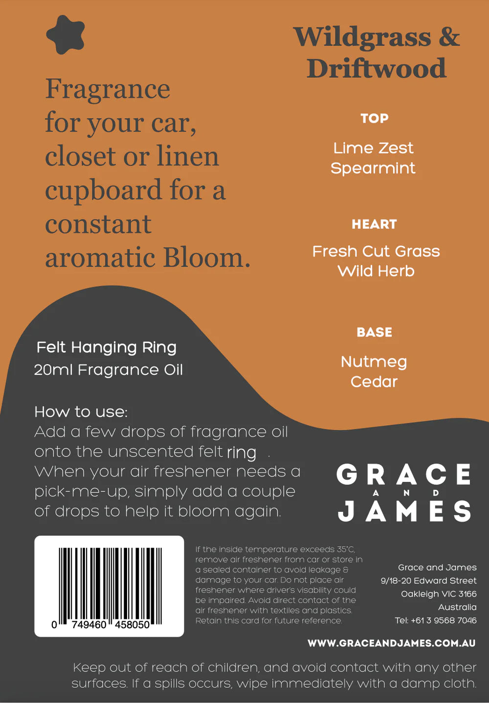 Back of a product packaging for fragrance oil with text and branding details.