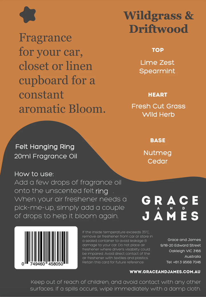 Back of a product packaging for fragrance oil with text and branding details.