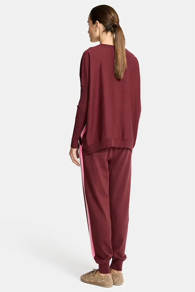 Person wearing a burgundy tracksuit with a white background