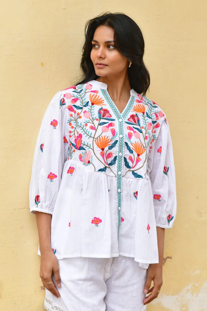 Azure & Indigo Hummingbird Embroidered Top