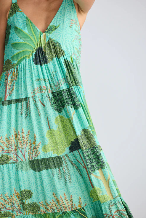 Green dress with nature print on a white background.  Holiday Trading Evianna Dress Rainforest Print