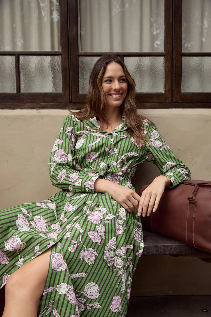 Midi Shirt Dress - Leaf Green Print