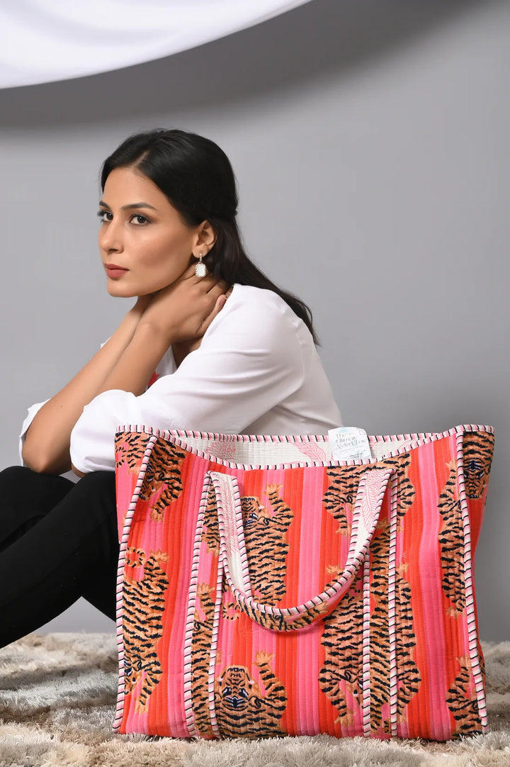 Tibetan Tiger Velvet Tote - Pink Orange