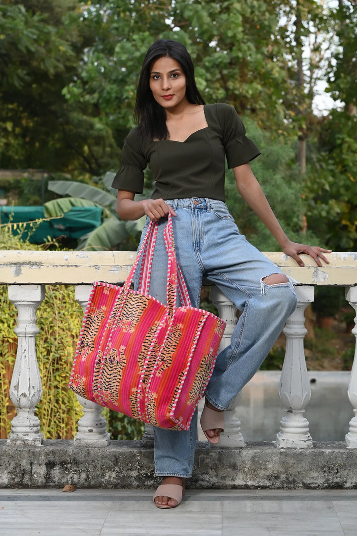 Tibetan Tiger Velvet Tote - Pink Orange