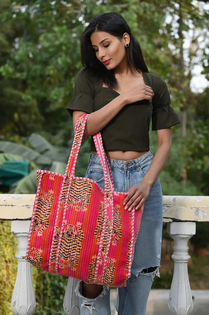 Tibetan Tiger Velvet Tote - Pink Orange