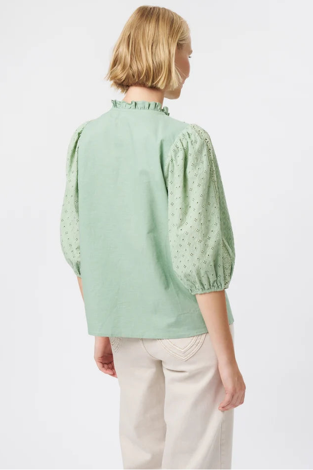 A woman viewed from the back wearing a light sage green blouse with puff sleeves and cream trousers, photographed against a clean white studio background.