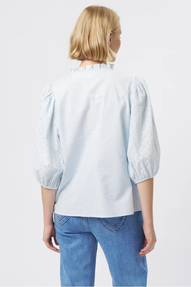 A woman viewed from the back wearing a light blue blouse with textured puff sleeves and a ruffled high neckline, paired with blue jeans, against a plain white studio background.