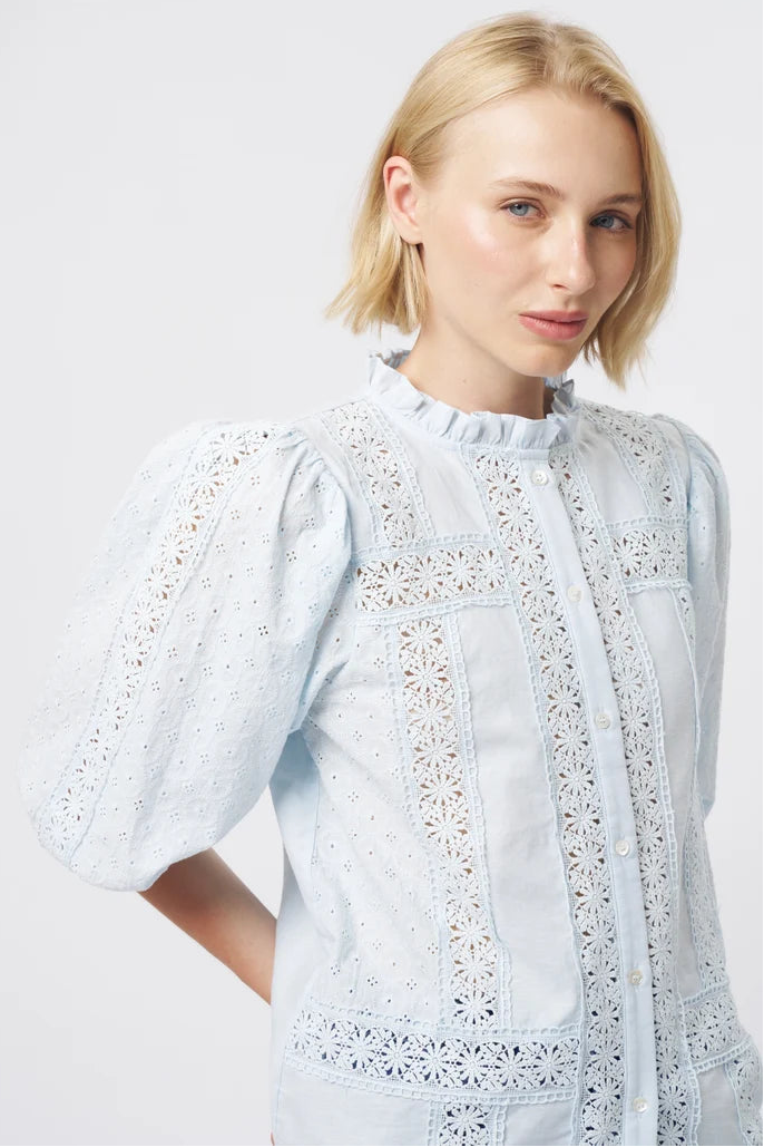 A blonde woman wearing a light blue eyelet blouse with puff sleeves, a ruffled high neck, and decorative embroidered panels, photographed against a plain light gray studio background.